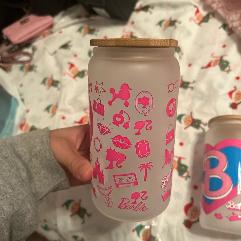Barbie Frosted Glass Jar with Pink Icons
